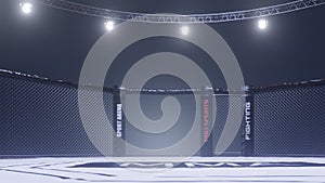 Mma arena side view. Empty fight cage under lights. 3D rendering