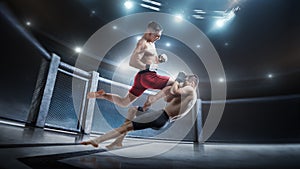 MMA cage. Knee kick to the head. Two fighters are fighting in the octagon. Jump kick. Sport action concept. 3D