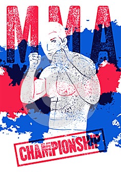MMA Championship typographical vintage grunge style poster with hand drawn silhouette of mixed martial arts fighter. Fight club co