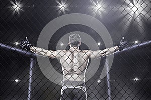 Mma fighter in arena celebrating win, behind view