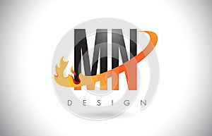 MN M N Letter Logo with Fire Flames Design and Orange Swoosh.