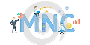 MNC, Multi-national Corporation. Concept with keyword, people and icons. Flat vector illustration. Isolated on white.