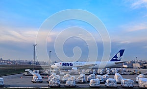 MNG cargo shipping company plane with shipment equipment at Ataturk airport