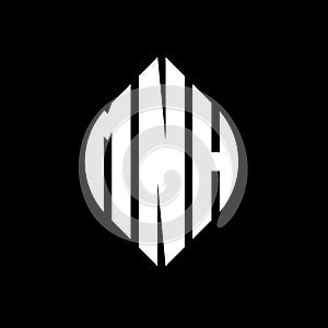 MNH circle letter logo design with circle and ellipse shape. MNH ellipse letters with typographic style. The three initials form a
