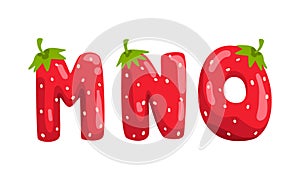 MNO Ripe Fresh Strawberry Alphabet Letters, Tasty Bright Jelly Red Berry Font Cartoon Vector Illustration