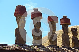 Moai from the Ahu Nau Nau ceremony facility, Anakena, Easter Island, Chile