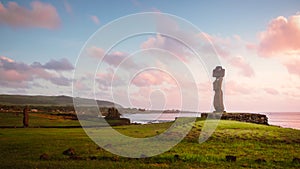 Moai of Ahu Tahai in Hanga Roa, capital of Easter Island during sunset