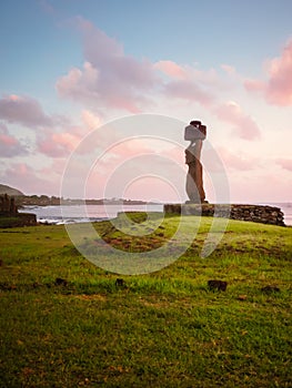 Moai of Ahu Tahai in Hanga Roa, capital of Easter Island during sunset