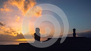 Moai of Ahu Tahai in Hanga Roa, capital of Easter Island during sunset