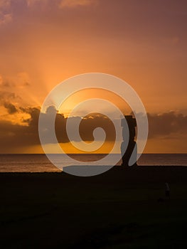 Moai in the Ahu Tahai during the sunset in Easter Island, Chile, South America. Hanga Roa city