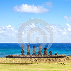 Moai at Anakena beach, Easter island, Chile.