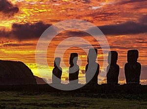Moai on Easter Island at Ahu Akivi at Sunset