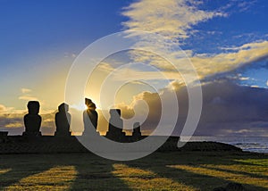 Moai on Easter Island at Ahu Akivi at Sunset
