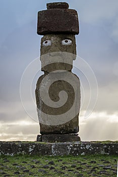 Moai on Easter Island at Ahu Tahai With Scoria Pukao Topknot and Replica Coral Eyes