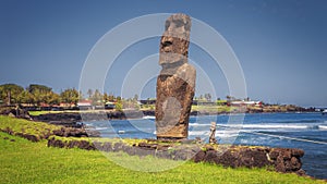 Moai statue at the harbor on Hanga Roa, Easter Island, Chile