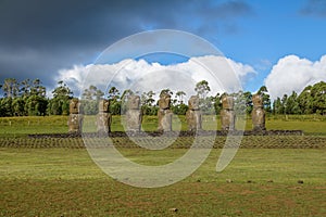 Moai Statues of Ahu Akivi, the only Moai facing the ocean - Easter Island, Chile