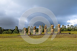 Moai Statues of Ahu Akivi, the only Moai facing the ocean - Easter Island, Chile