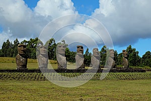 Moai statues in Ahu Akivi site, Easter Island, Chile