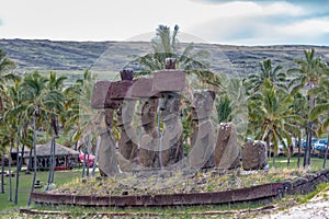 Moai Statues of Ahu Nau Nau wearing topknots near Anakena Beach - Easter Island, Chile