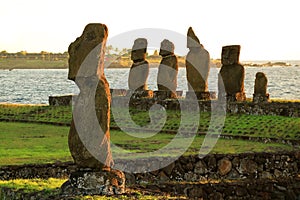 Moai Statues at Ahu Tahai, the Ceremonial Complex on Easter Island of Chile