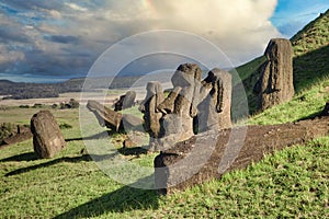 Moai Statues of Easter Island Buried on a Hillside