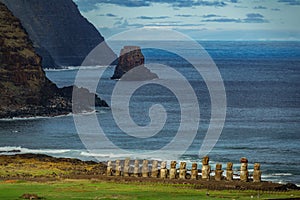 Moai statues on Easter Island from the distance. Ahu Tongariki