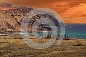 Moai statues in the Rano Raraku Volcano in Easter Island,