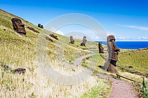 Moai statues in the Rano Raraku Volcano in Easter Island, Chile