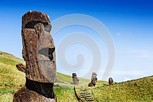 Moai statues in the Rano Raraku Volcano in Easter Island, Chile