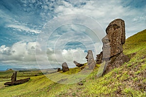 Moai statues at Rano Raraku Volcano at Easter Island, Chile