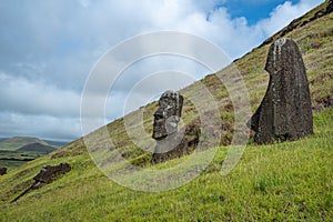 Moai statues at  Rano Raraku Volcano at Easter Island, Chile