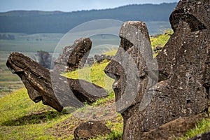 Moai statues at  Rano Raraku Volcano at Easter Island, Chile