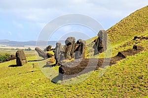 Moai statues in the Rano Raraku Volcano in Easter Island, Rapa Nui National Park, Chile