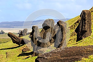 Moai statues in the Rano Raraku Volcano in Easter Island, Rapa Nui National Park, Chile