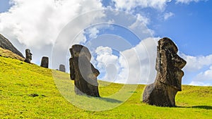 Moai statues in the Rano Raraku Volcano in Easter Island, Rapa Nui National Park, Chile