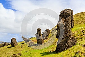 Moai statues in the Rano Raraku Volcano in Easter Island, Rapa Nui National Park, Chile