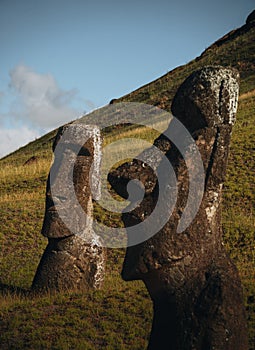 Moai statues in the Rano Raraku Volcano in Easter Island, Rapa Nui National Park, Chile