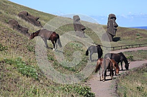 Moai and wild horses at Quarry, Easter Island, Chile