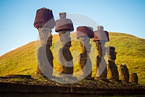 Moais of Ahu Nau Nau in Anakena beach in Easter Island, Chile