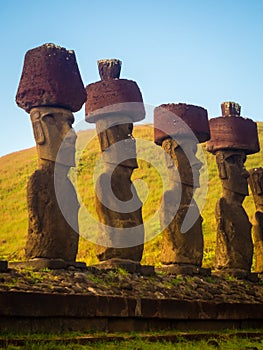 Moais of Ahu Nau Nau in Anakena beach in Easter Island, Chile
