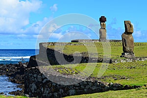 Moais at Ahu Tahai ceremonial complex near Hanga Roa, Rapa Nui Easter Island