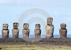 The  moais of Ahu Tongariki on the south coast of Easter Island, Chile - April, 2018