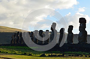 Moais in the ceremonial platform Ahu at Tongariki beach, Rapa Nui Easter island