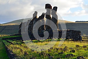 Moais in the ceremonial platform Ahu at Tongariki beach, Rapa Nui Easter island