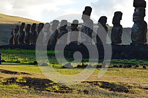 Moais in the ceremonial platform Ahu at Tongariki beach, Rapa Nui Easter island