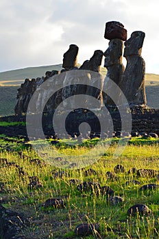 Moais in the ceremonial platform Ahu at Tongariki beach, Rapa Nui Easter island