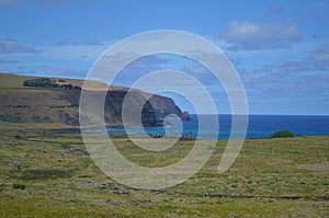 Moais in the ceremonial platform Ahu at Tongariki beach, Rapa Nui Easter island