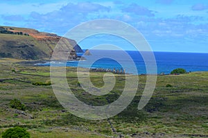 Moais in the ceremonial platform Ahu at Tongariki beach, Rapa Nui Easter island