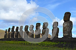 Moais in the ceremonial platform Ahu at Tongariki beach, Rapa Nui Easter island