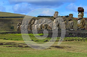 Moais in the ceremonial platform Ahu at Tongariki beach, Rapa Nui Easter island